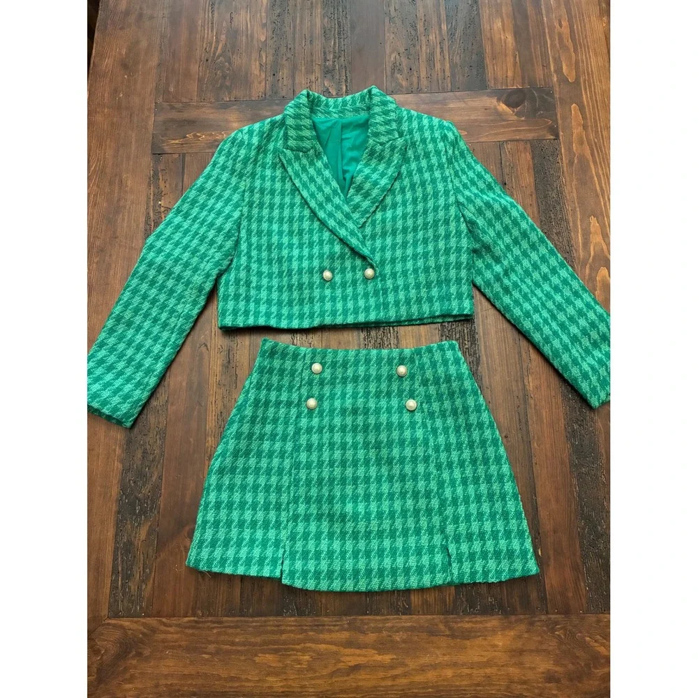 Ciay Bell Cropped Tweed Blazer Mini Skirt 2 Piece Set Women's Medium Houndstooth
